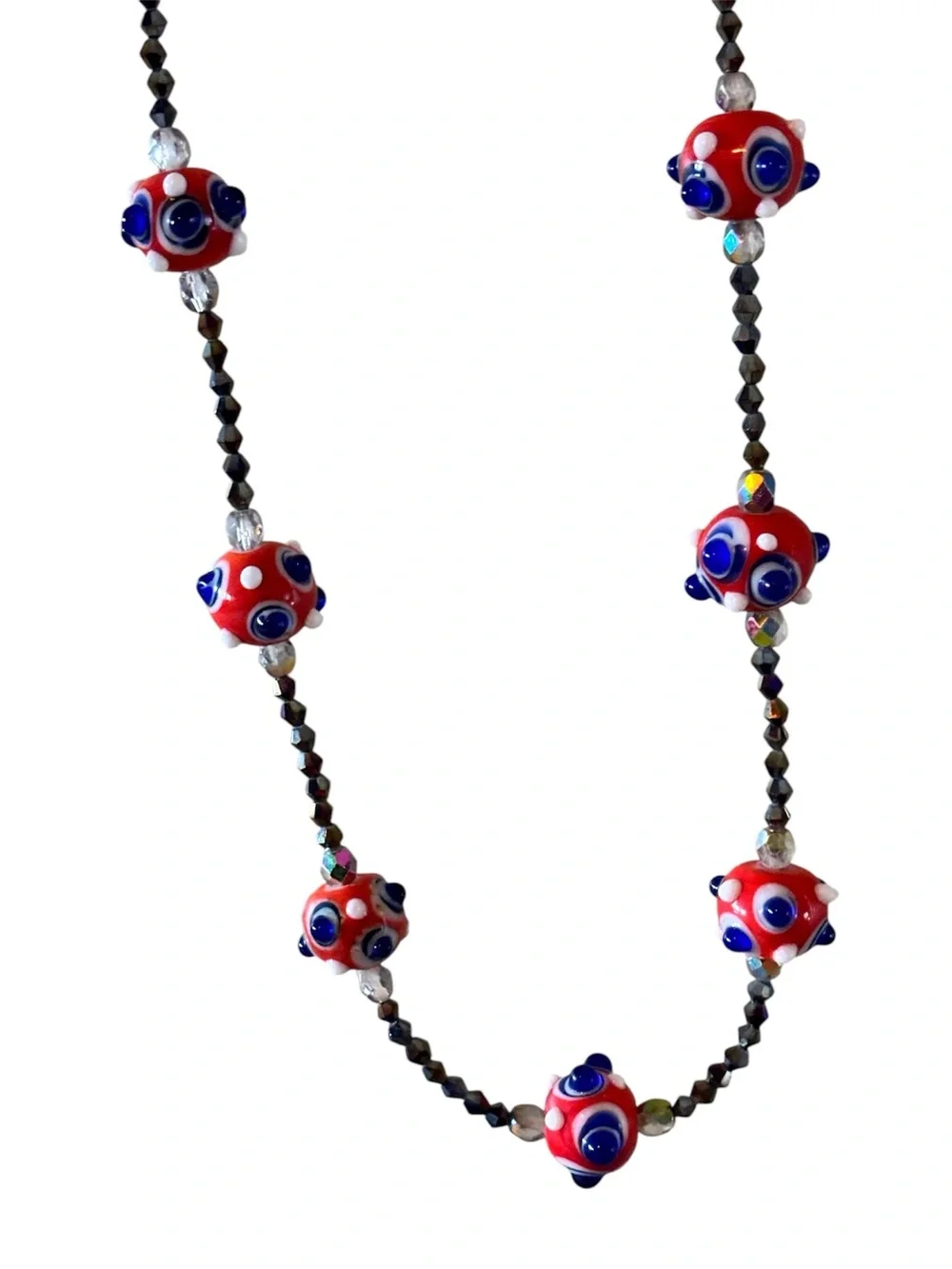 Red white and blue Chinese Lampwork Necklace Chain with luminescence Spacers